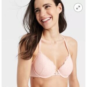 Auden Fishnet Lace Lightly Lined Demi Coverage Racerback Bra Soft Pink 34A NWT